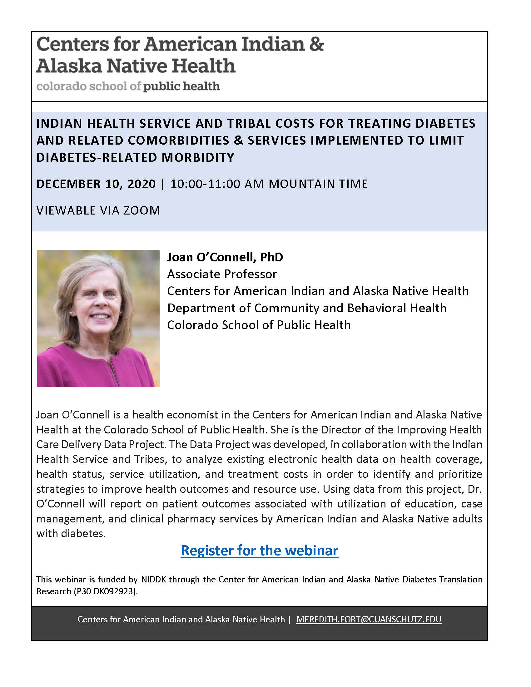 Flyer for CDTR Webinar about the Costs of Treating Diabetes on Dec. 10, 2020