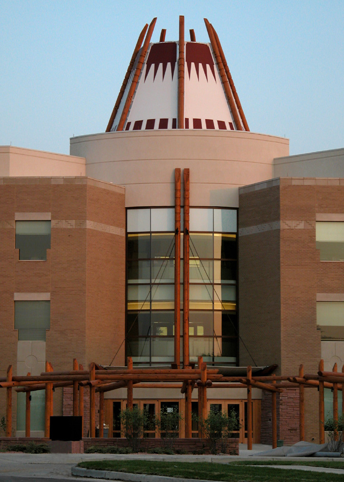 Entrance of the Nighthorse Campbell Native Health Building showcasing the tipi roof structure