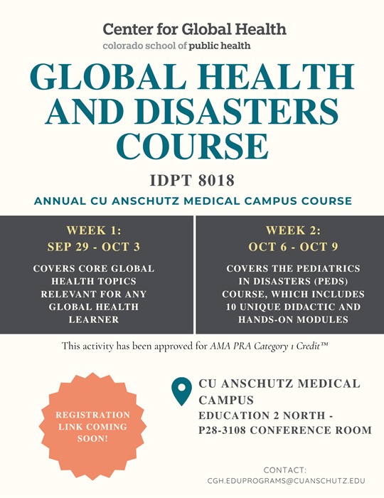 Save the date flyer for the Global Health and Disasters course with dates and registration link