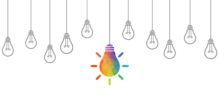 White background with several gray lightbulbs. The center lightbulb is red, orange, yellow, green, blue and purple.