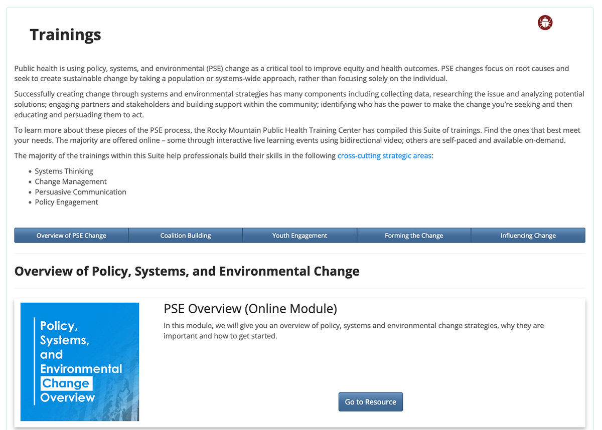 Screenshot of policy systems training suite webpage