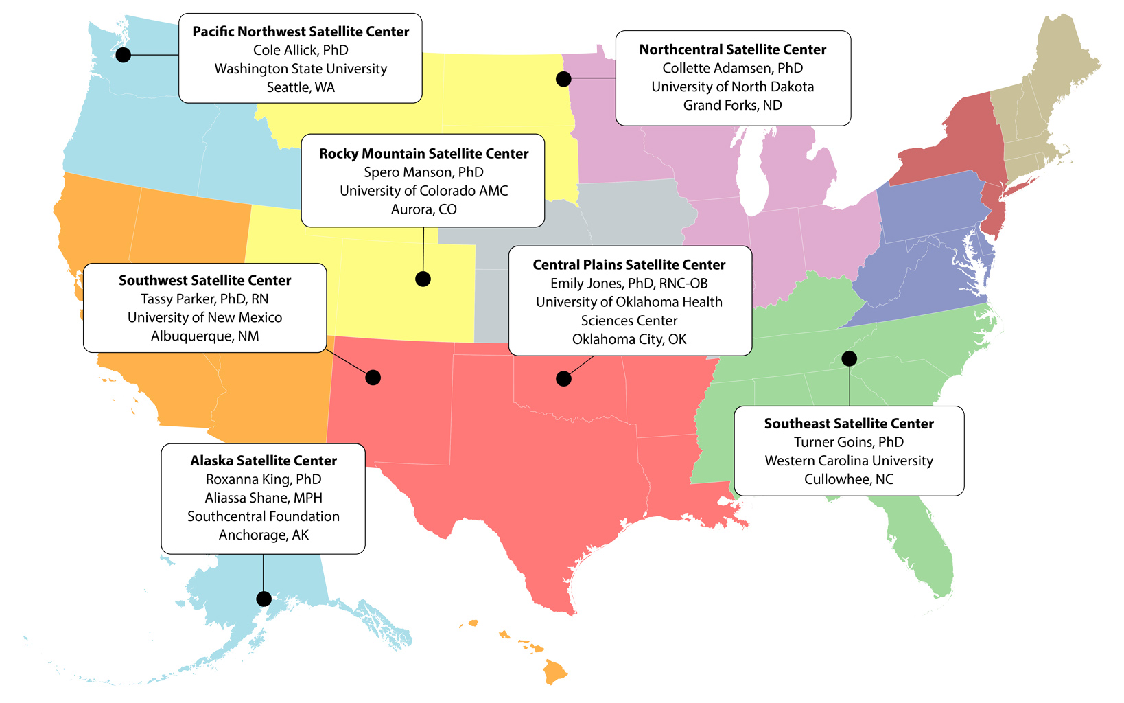 Map of the U.S. with dots indicated each location of the 7 Satellite Centers