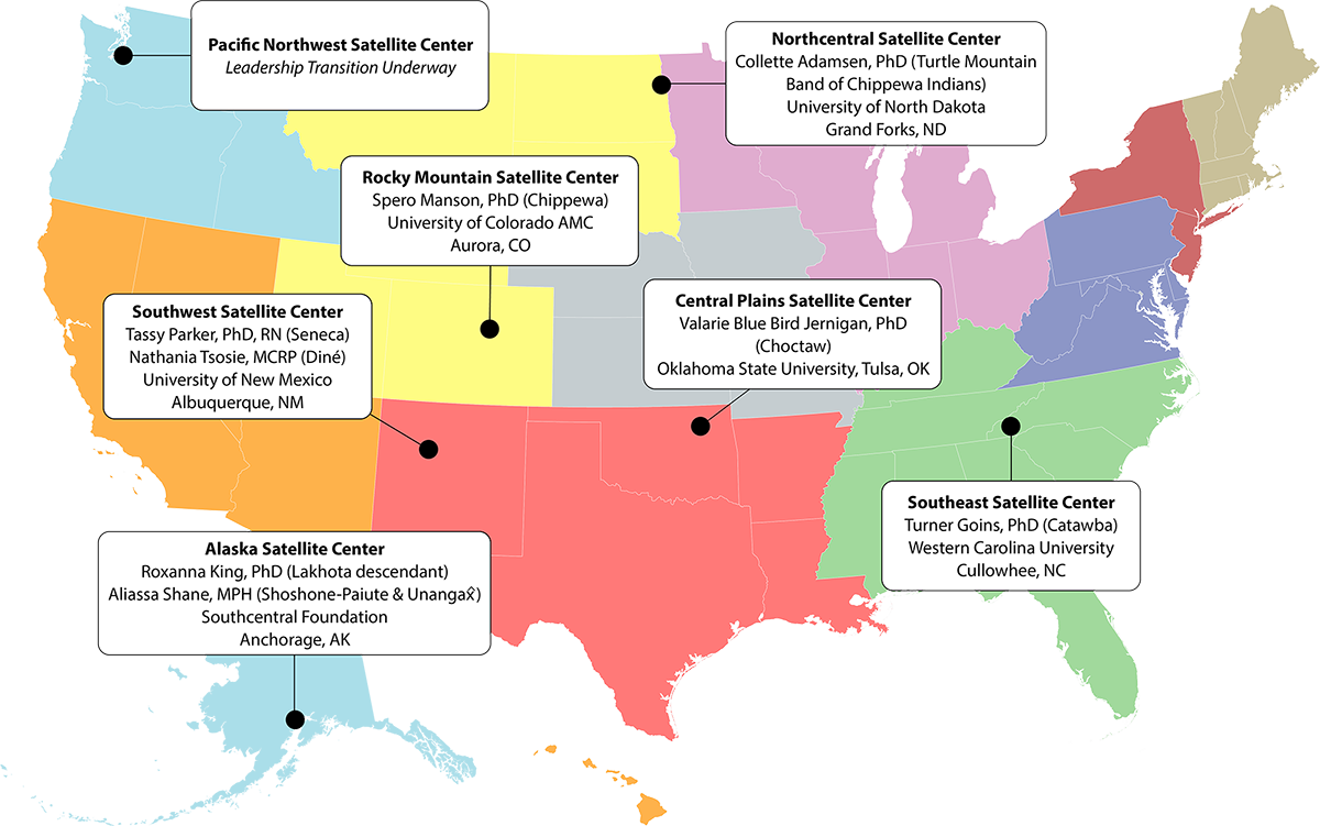 Map of the US showing the locations of each of the 7 satellite centers