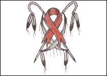 Native-inspired art with feathers and red ribbon