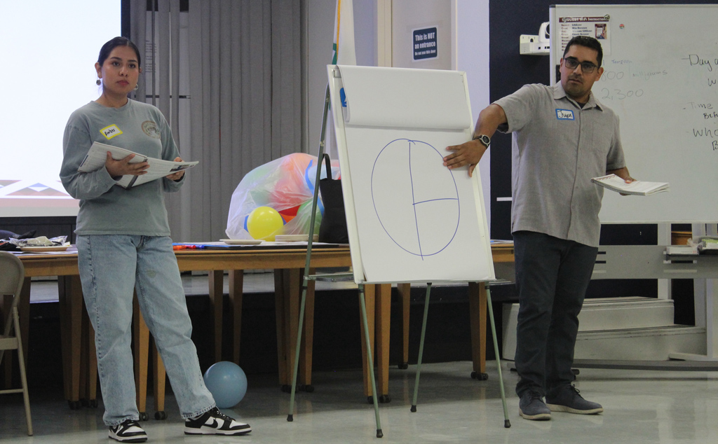 A man and woman stand in front of a flip chart teaching a class