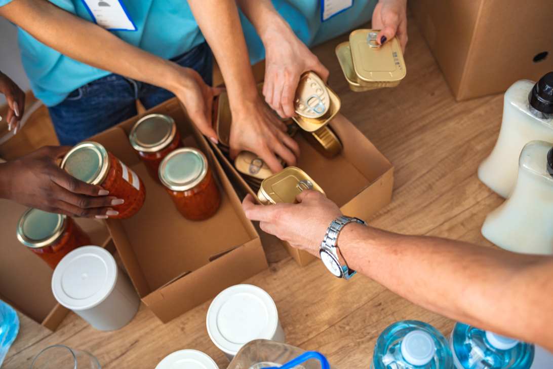 Food being packed into donation boxes