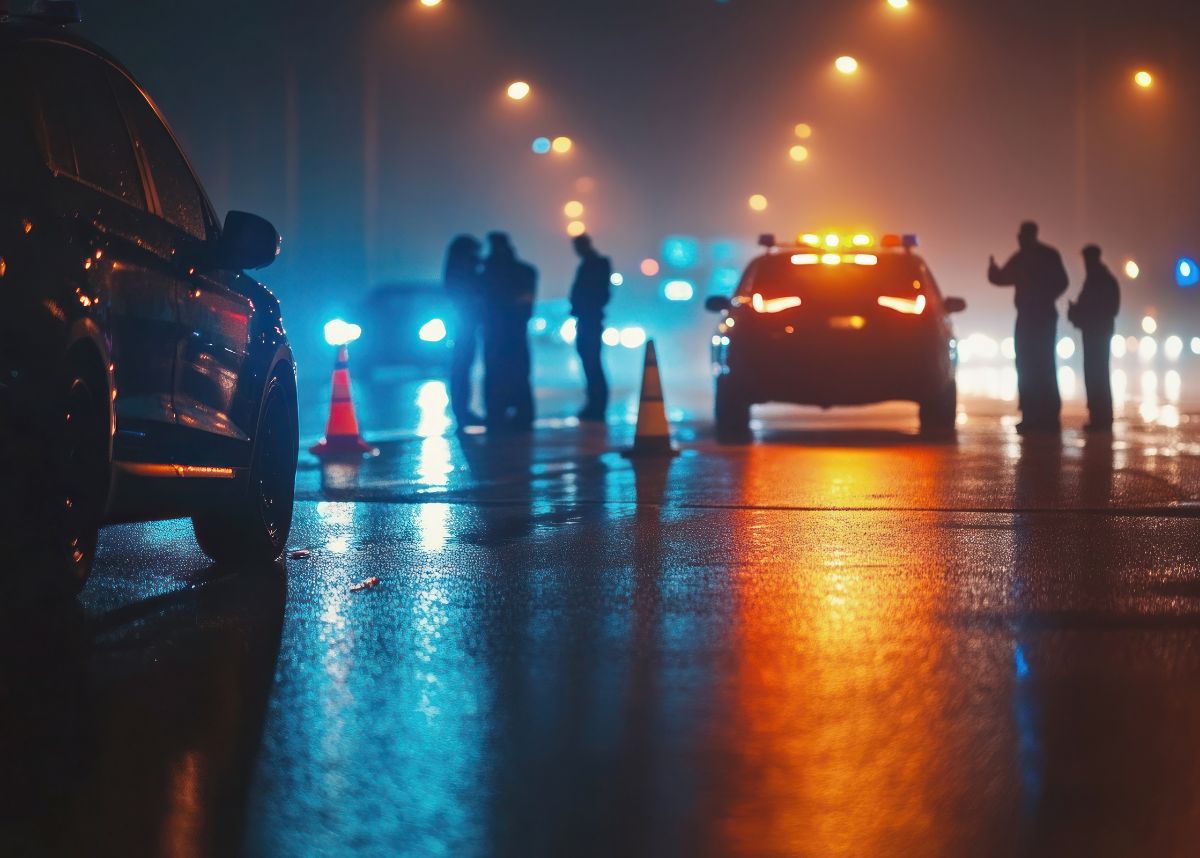 Police checkpoint at night with officers checking for drunk drivers on a busy road with flashing lights, creating a high-contrast and intense scene