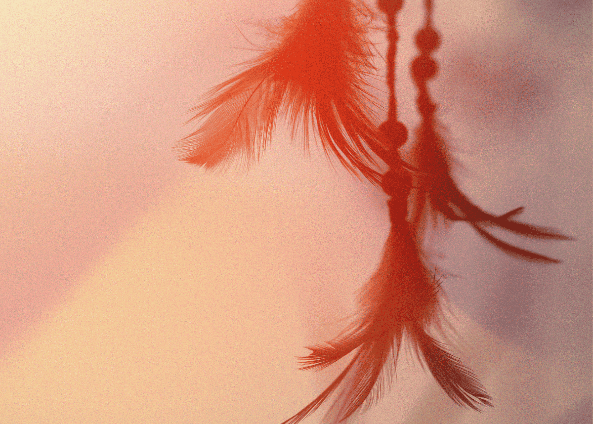 A dream catcher hangs in the air with wisps of orange and light reds lighting the scene