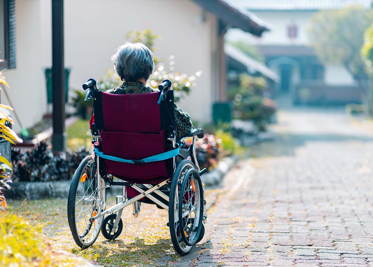 Older person outdoors, sitting in a wheelchair facing away from the camera