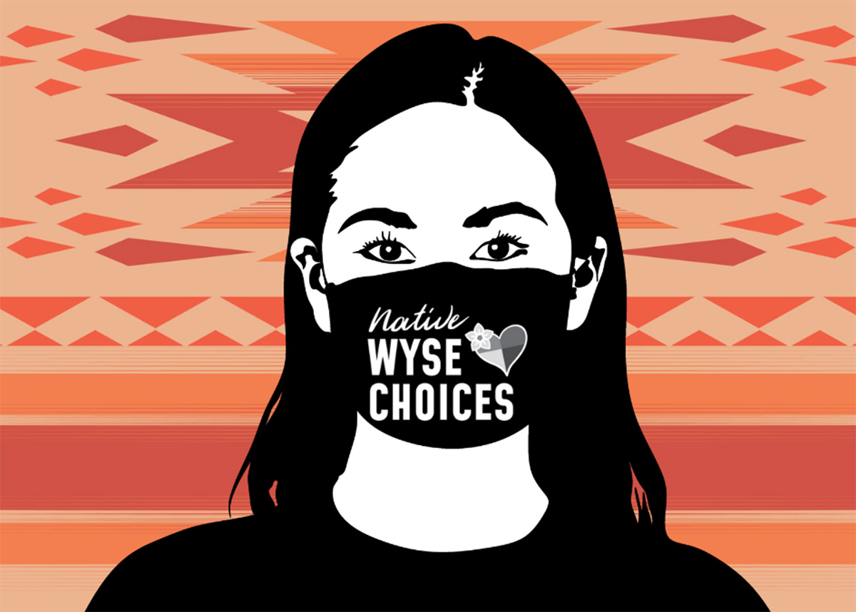 Graphic showing AI/AN woman with a mask that says Native WYSE Choices