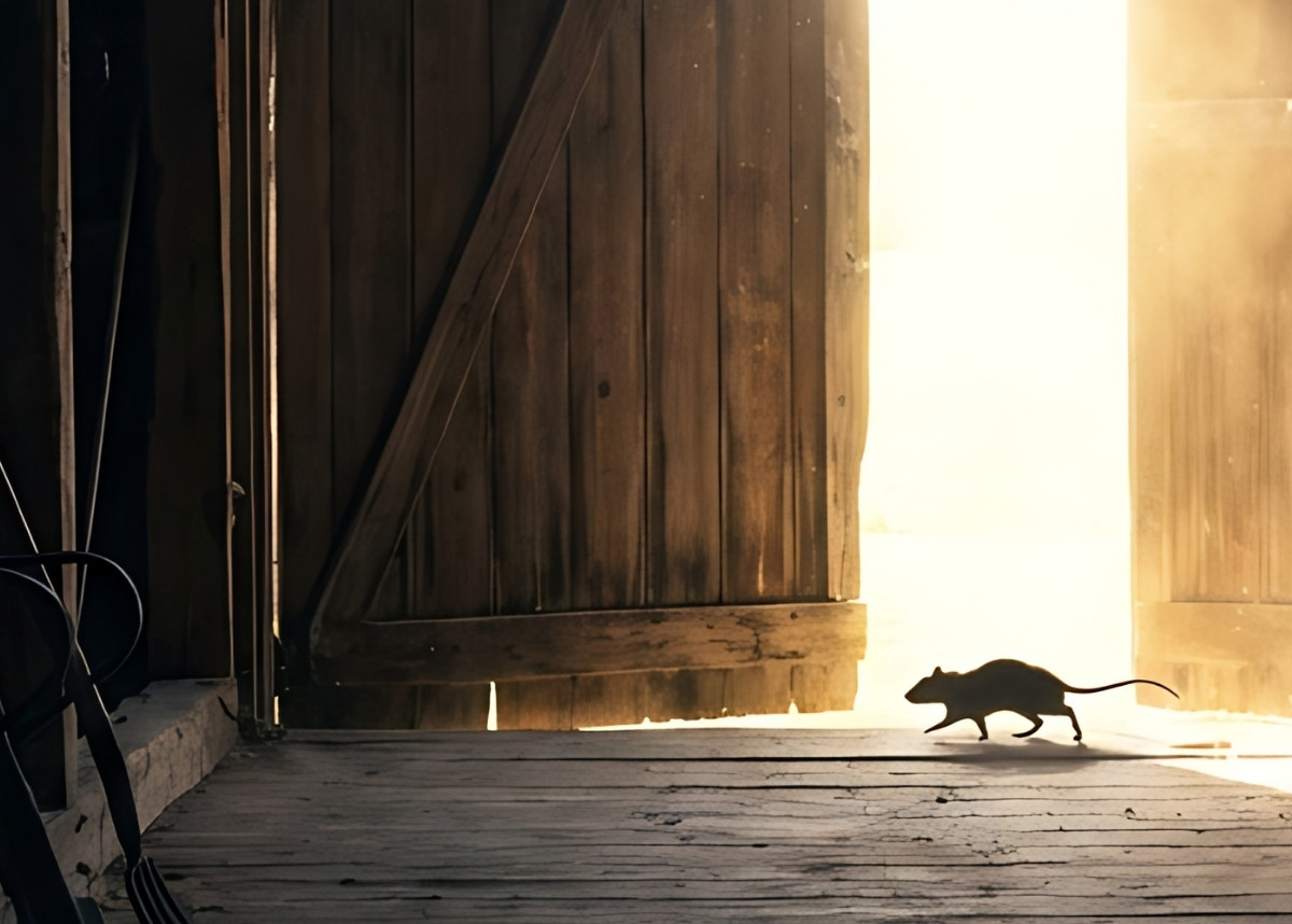 A silhouette of a mouse scurrying through a dusty barn