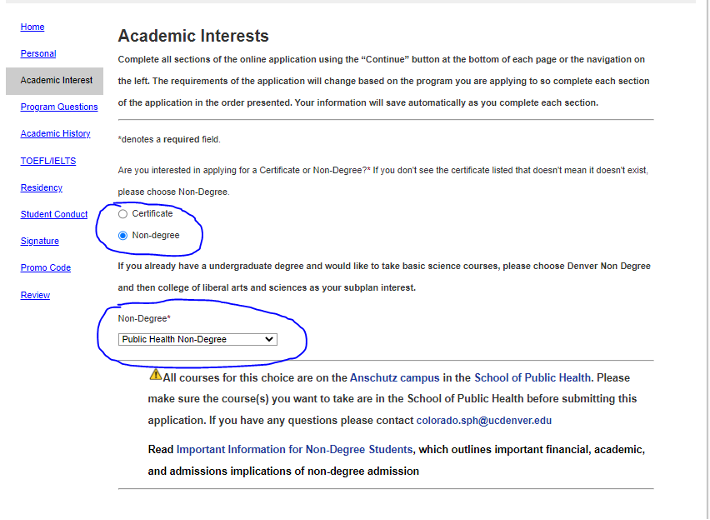 Screenshot of the academic interest page highlighting the non-degree and public health non-degree options