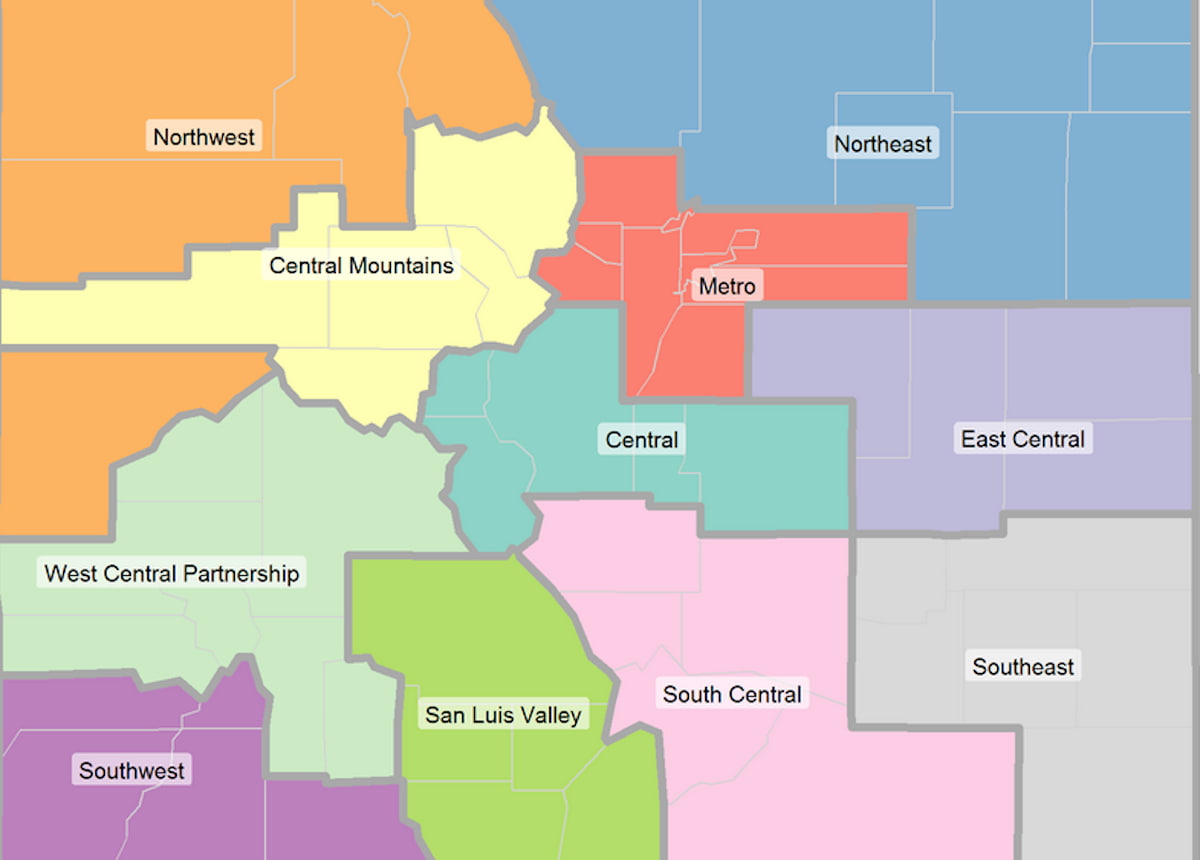 colorful map of different counties in colorado