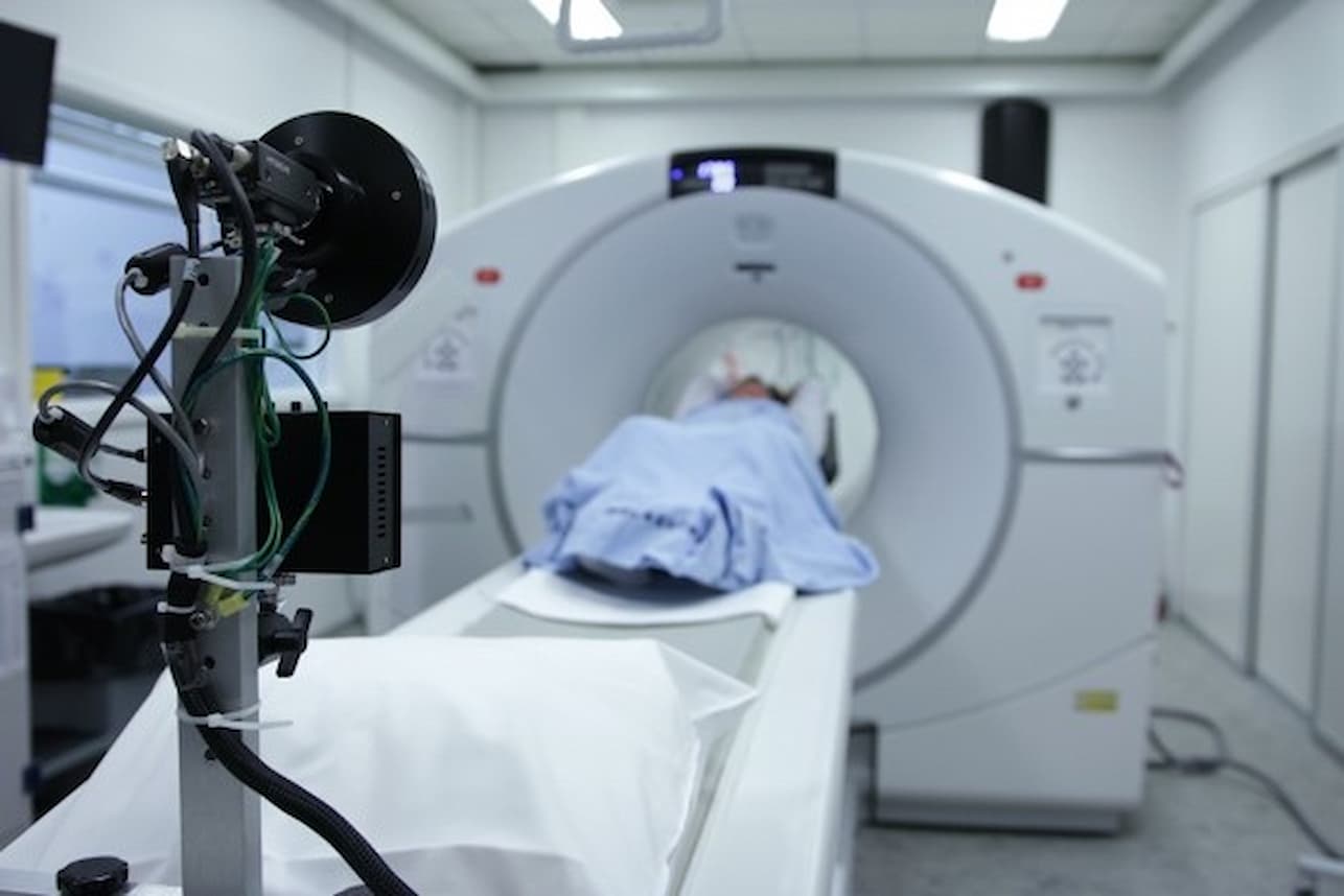 Patient inside a CT imaging machine