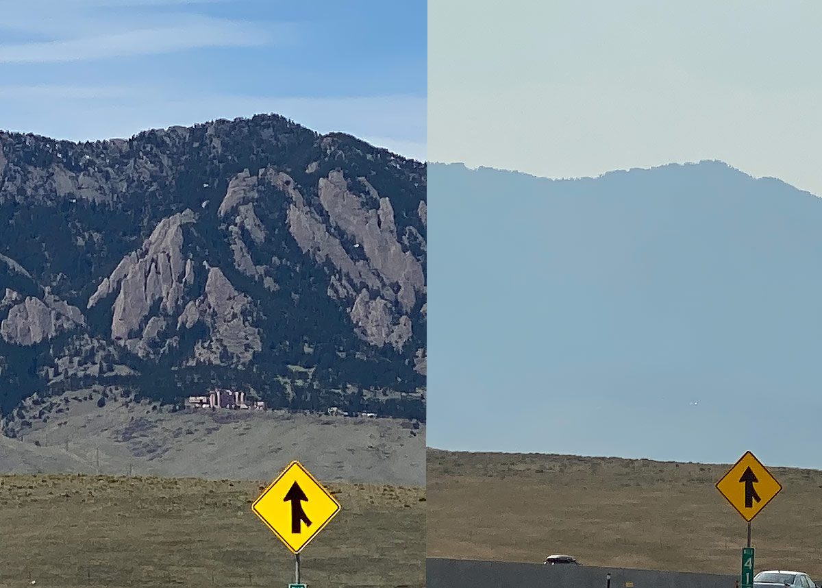 Two images of the Flatirons in Boulder, showing a clear day and sky compared with a hazy sky and low visibility from wildfire smoke and haze.