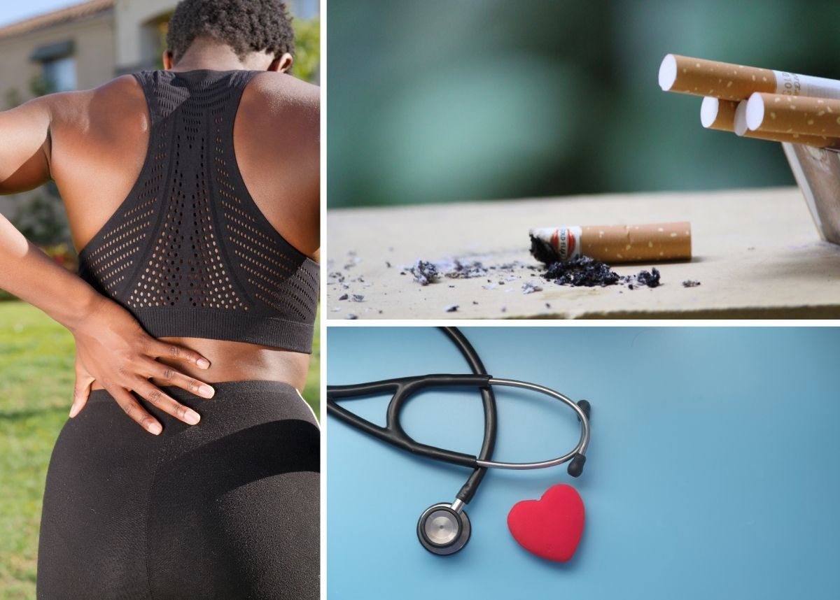 three images—person with hand on lower back, cigarettes, and heart and stethoscope