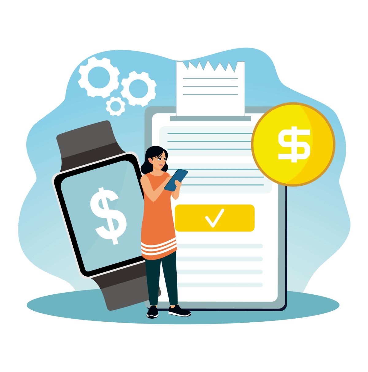 illustration of woman on her phone with money icons