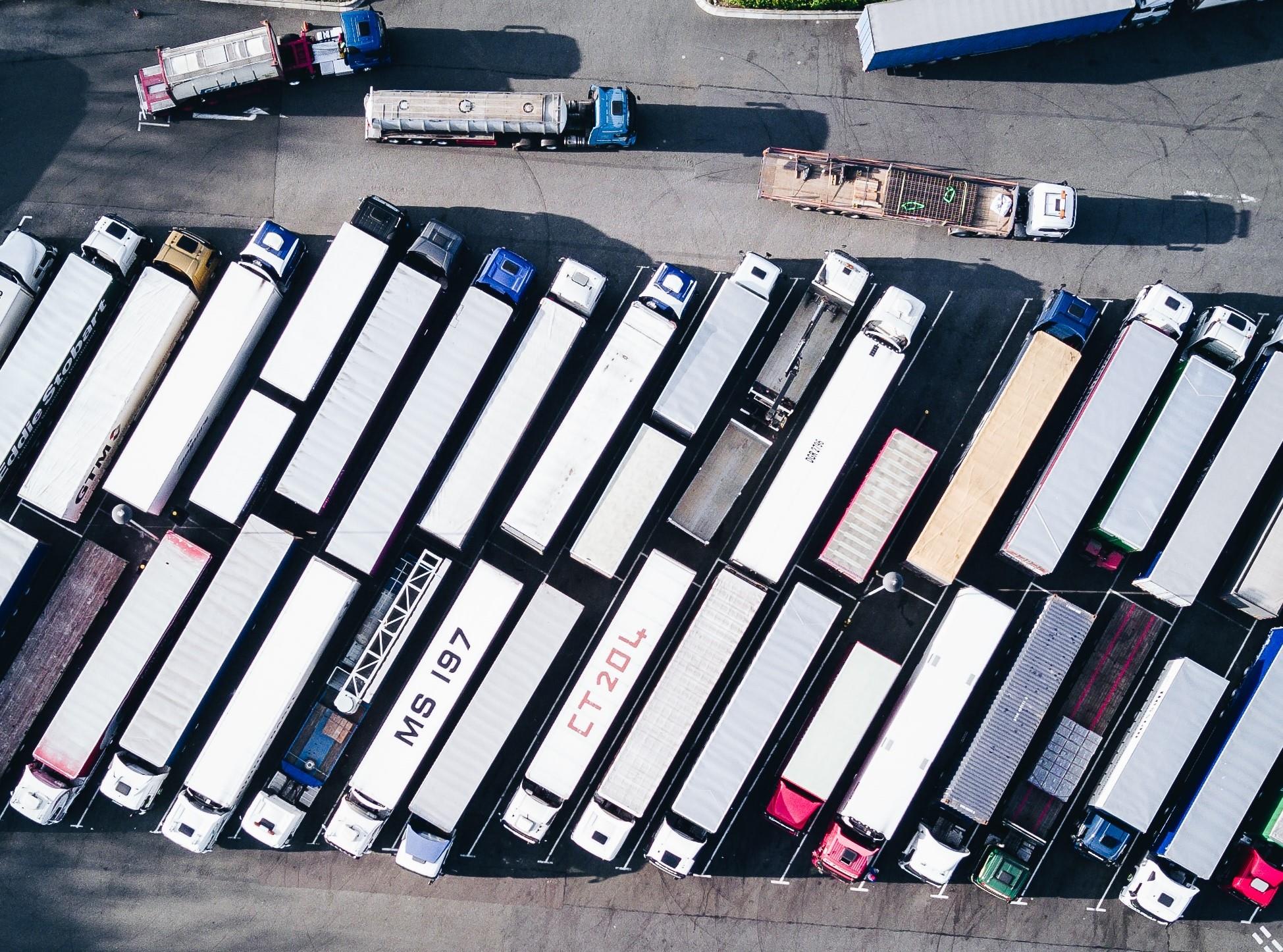 Parked semi trucks from above