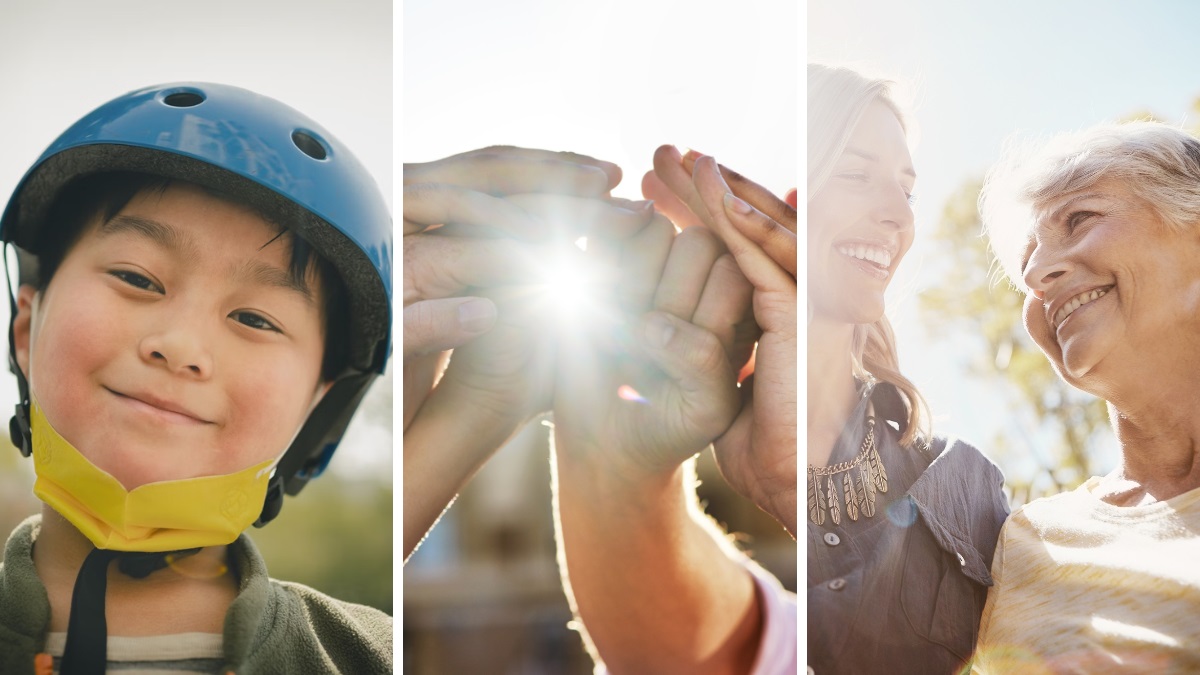 A collage of a child in a helmet, people holding hands, and adult daughter and mother