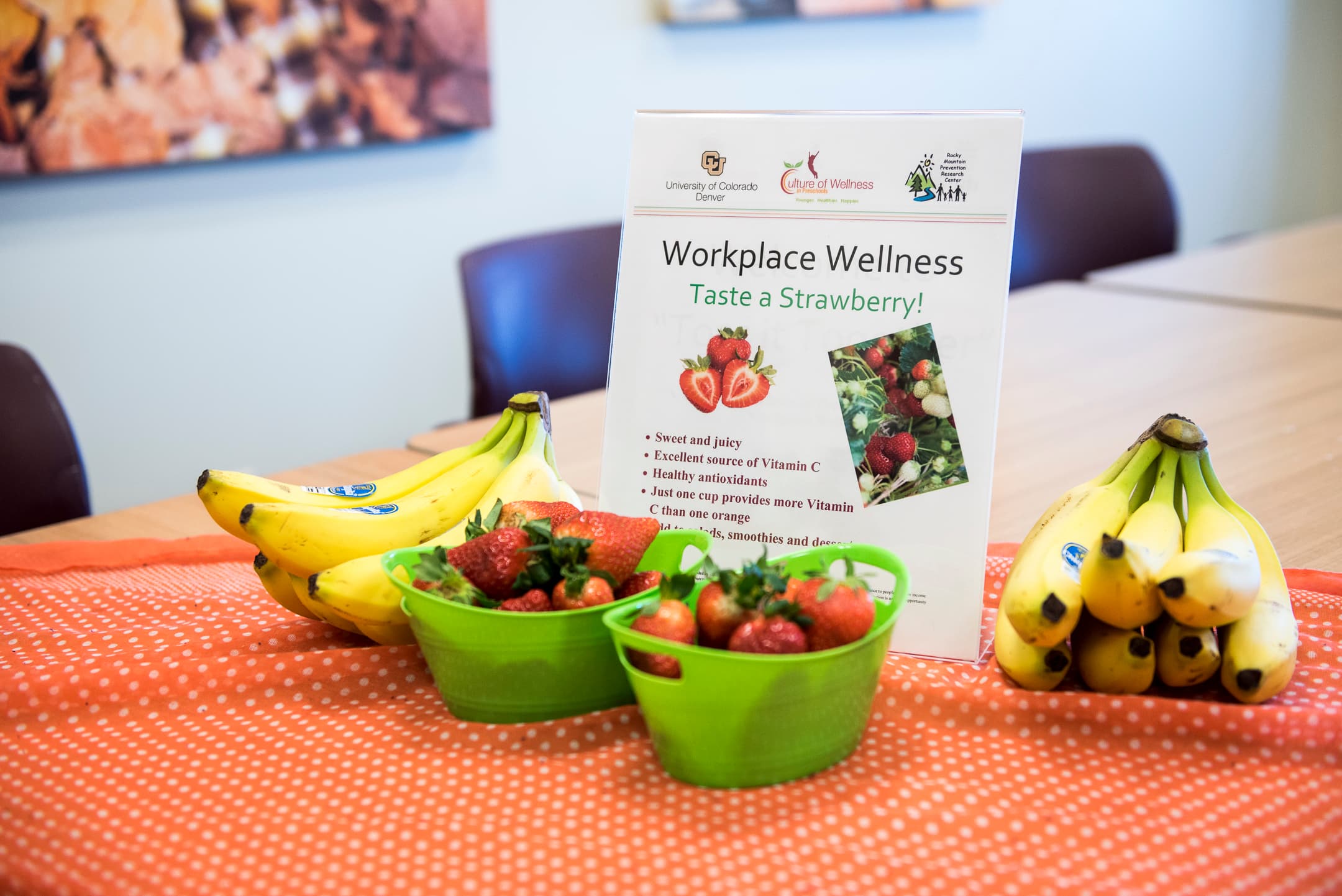 Bananas and strawberries on a table